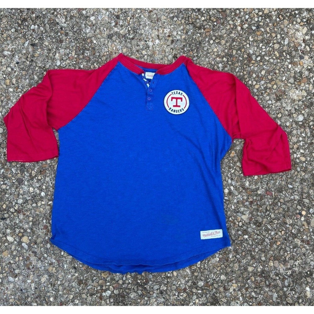 Mitchell & Ness T-Shirt Texas Rangers Mens XL Blue Colorblock 3/4 Sleeve